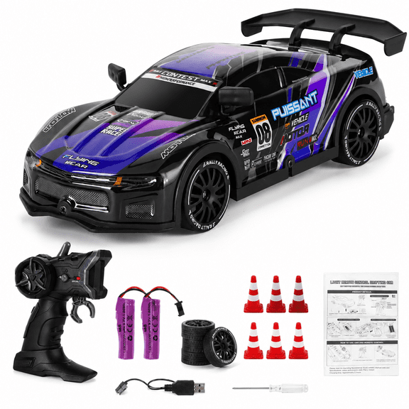 Remote Control Drift Car with LED Lights, Purple RC Racing Car, 2 Rechargeable 3.7V Batteries, 4 Replacement Wheels, 6 Traffic Cones, Drifting Tires Racing Sport Toy Car for Adults Boys Ages 8+