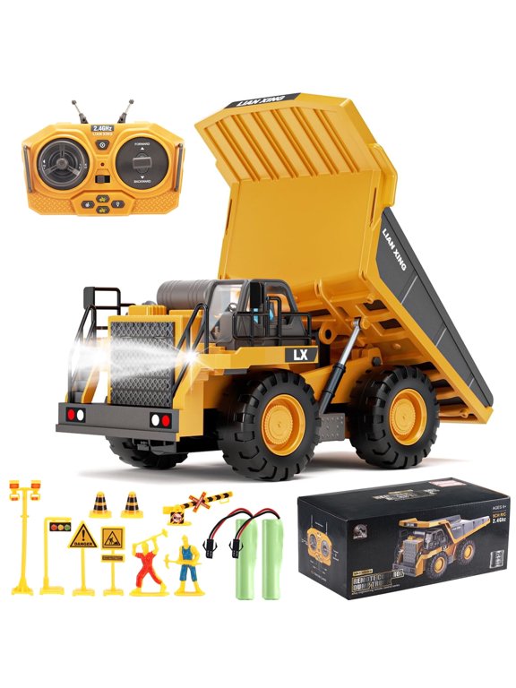 Remote Control Dump Truck, 1:20 Scale RC Construction Vehicles Toy with Metal Bed and Light/Music, 9 Channels Electric Truck Toy Gift for Boys Kids