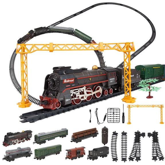 Remote Control Electric Christmas Train Set, Steam Locomotive with Smoke, Lights & Sounds, DIY Track System with Carriage & Freight Cars, for Hobbyists