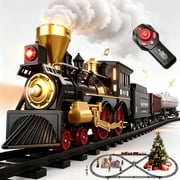 Remote Control Electric Train Set for Kids, Metal Alloy Steam Locomotive with Cargo & Passenger Cars, Realistic Smoke, Sound & Lights, USB Rechargeable Toy Gift