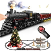 Remote Control Electric Train Set for Kids, Metal Alloy Steam Locomotive with Light-Up Passenger Cars & Tracks, Smoke, Sound & Light Effects, Rechargeable Toy Gift