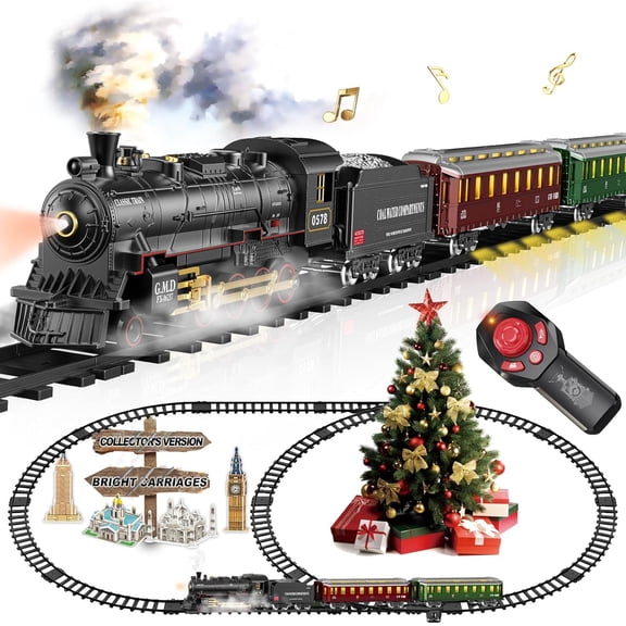 Remote Control Electric Train Set for Kids, Steam Locomotive with Light-Up Passenger Cars & Tracks, 3 Smoke Effects, Sound & Lights, Birthday Gift Toy