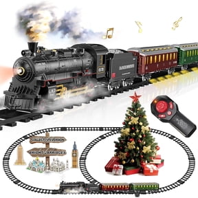 Remote Control Electric Train Set for Kids, Steam Locomotive with Light-Up Passenger Cars & Tracks, 3 Smoke Effects, Sound & Lights, Birthday Gift Toy