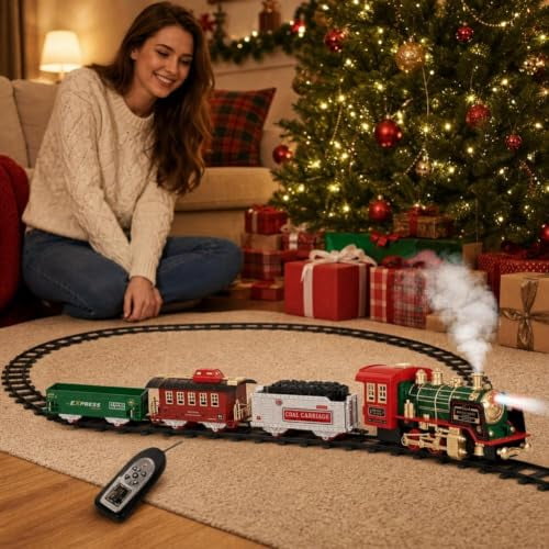 Remote Control Electric Train Set with Steam, Christmas Train Set for Around the Tree, Metal Railway Kit with Realistic Smoke, Sounds and Lights.