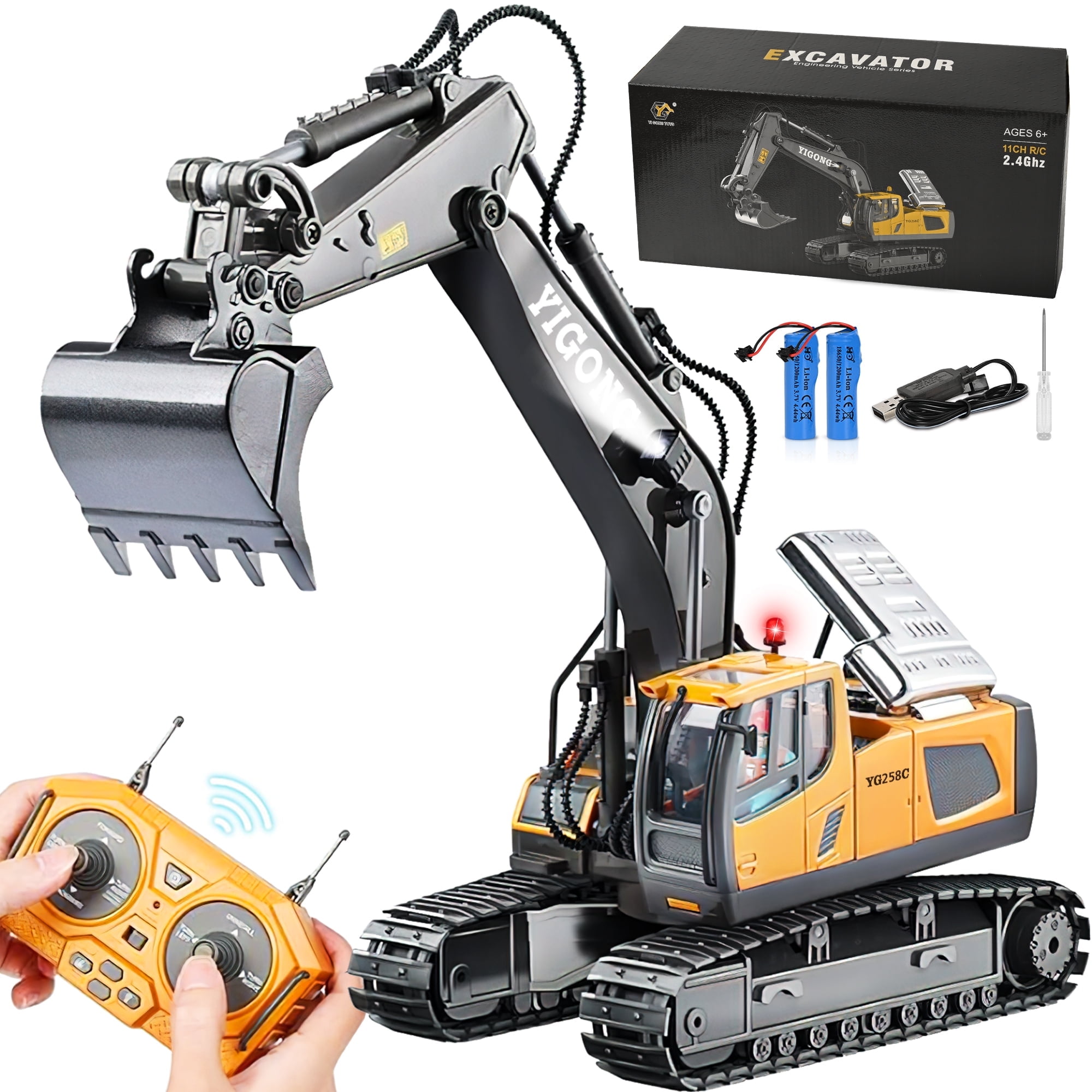 JakMean 11 Channel Remote Control Excavator Rechargeable RC Construction Toy with Lights Sounds for Kids 3 12 Walmart