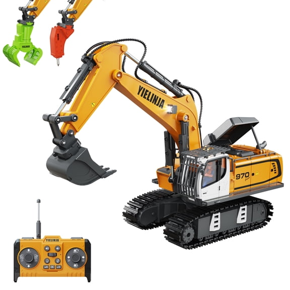 Remote Control Excavator, 15 Channel RC Construction Vehicle Toys, Rechargeable Optional Head Replacement RC Engineering Car Gifts for Kids Boys