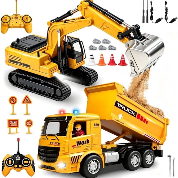 RC Construction Vehicle Set, 2 Pack Remote Control Excavator & Dump Truck Toys with Lights & Sounds, 6 Channel Engineering Truck Playset for Kids Ages 6+