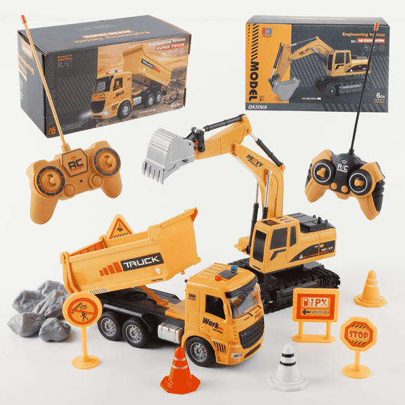 2 in 1 RC Excavator and Dump Truck Toy Set for Boys,Construction Vehicles with Barricades, Road Signs, Simulated Rocks, Lights and Sounds