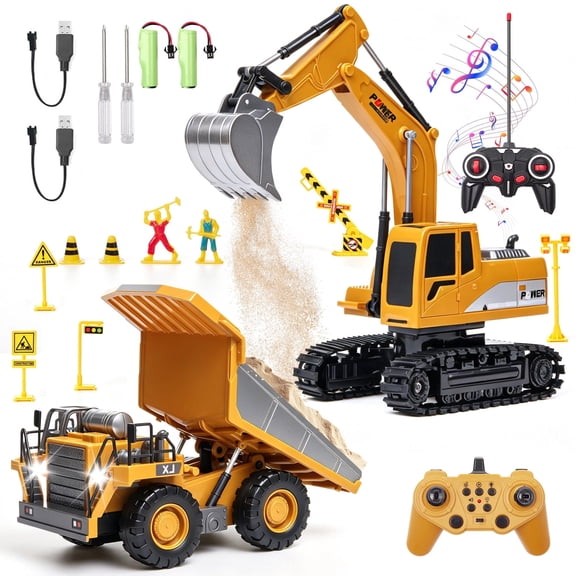 Lictin Remote Control Excavator and Dump Truck Toy for Kids, 2.4Ghz Alloy RC Excavator & RC Dump Truck with Lights & Sounds, RC Construction Vehicles Toy Gift for Boys 3-12