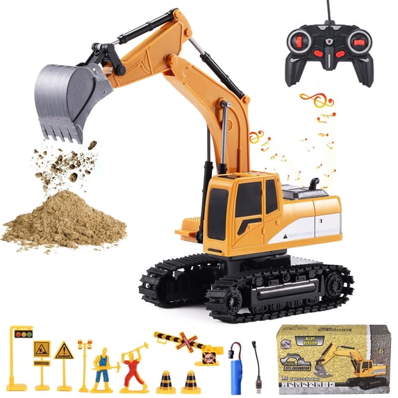 Zacro Remote Control Excavator for Kids, 2.4Ghz 6 Channel RC Construction Vehicle Toy with Metal Shovel, Lights & Sounds, Rechargeable Digger Truck Gift for Toddler Boys Age 3 4 5 6 7 8 Year Old