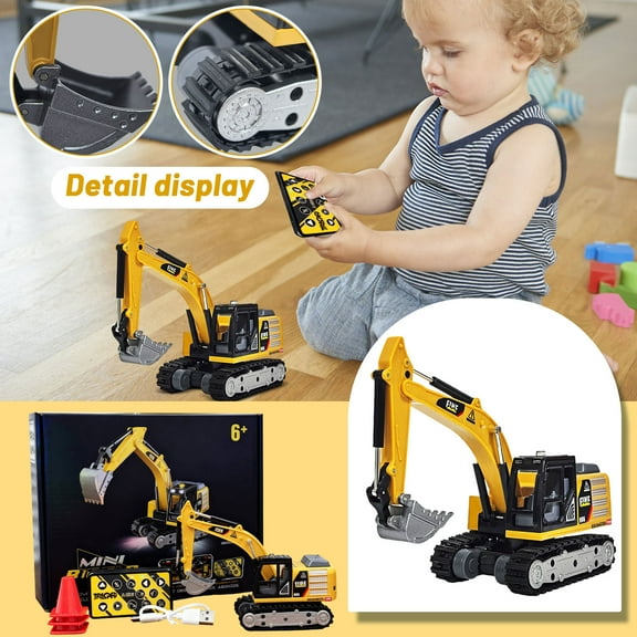 Remote Control Excavator Toy, Alloy Construction Vehicle with RC Controller, 3 Traffic Cones & Charging Cable, Realistic Engineering Toy for Kids (1.5V Battery, 1-Pack)