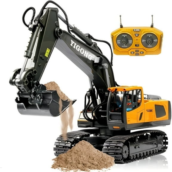 Remote Control Excavator Toy, 11-Channel, Metal Bucket and Lights