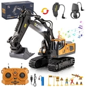 Remote Control Excavator Toys for Boys, 2.4GHz 14 Channel Construction Vehicles Toys with Shovel, Claw & Drill, Engineering Vehicle with Lights & Sounds Gift for Kids