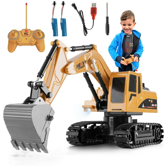 Remote Control Excavator Toys for Boys Girls, 6 Channel RC Construction Truck with Light, 4WD Power, 2 Rechargeable Battery,Birthday Gifts for Age 3+ Kids