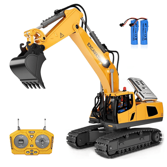 95272FUNN RC Excavator Toy 11 Channel Metal Shovel LED Lights 2.4G Remote Control Yellow 1/24 Scale for Kids 1 Pack