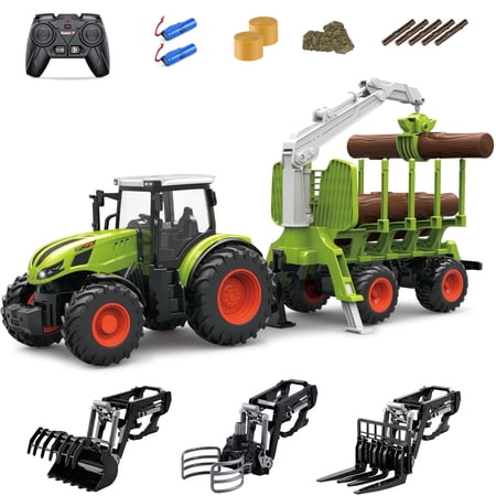RC Farmer Tractor Playset, Remote Control Truck Car Toy with wood Grabber Haystacks Strips of Wood, Toddlers Farm Vehicle Toys for Kids