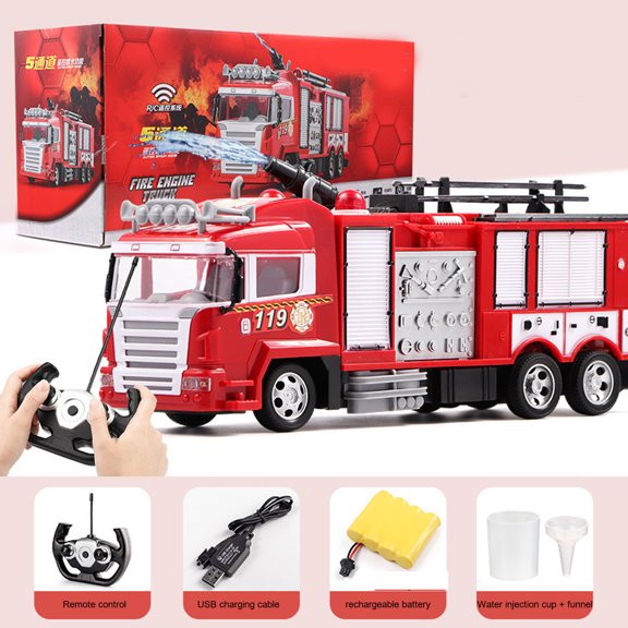 Remote Control Fire Truck Toy with Rechargeable Battery Working LED Lights and Siren Sounds Rotating Ladder and Rubber Tires Emergency Rescue Vehicle Red Model