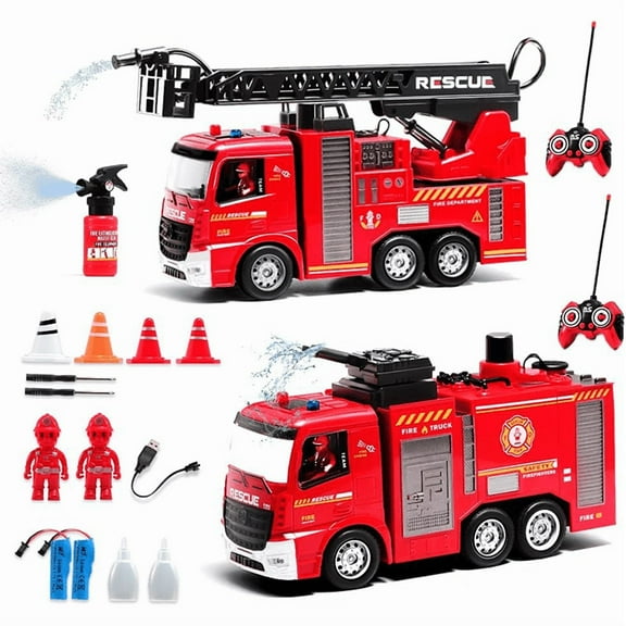 95272FUNN Remote Control Fire Truck Toy Set , RC Vehicle with Rescue Ladder Alarm Lights, Hose, Working Water Pump Christmas Birthday Gift for Kids