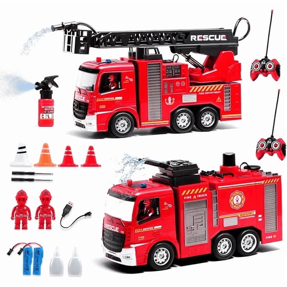 RC Fire Truck Toy, Remote Control Fire Engine with Water Spray Pump, Rotating Ladder, LED Lights & Realistic Siren Sounds, 2.4GHz Rescue Vehicle Gift for Kids Ages 6+