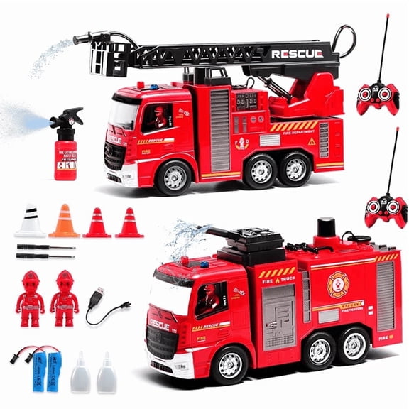 95272FUNN 2-in-1 Remote Control Fire Truck Toy Set 2.4Ghz RC Fire Engine with Working Water Pump, Siren, Rotating Ladder & Inertia Rescue Vehicle, Gift for Kids Ages 3+