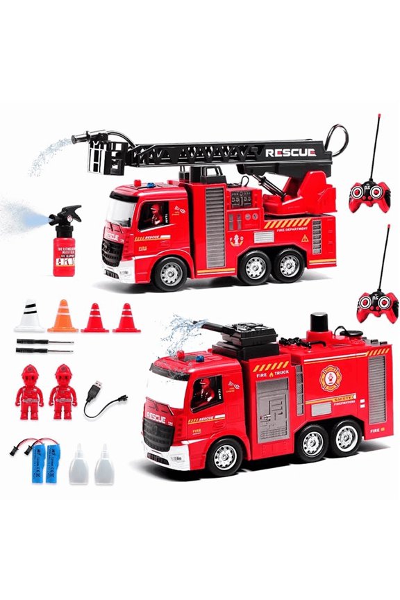 2-in-1 Remote Control Fire Truck Toy Set 2.4Ghz RC Fire Engine with Working Water Pump, Siren, Rotating Ladder & Inertia Rescue Vehicle, Gift for Kids Ages 3+