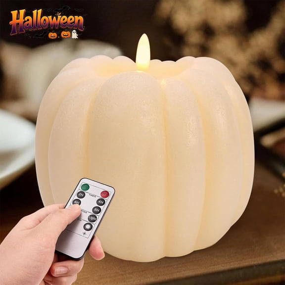 Remote Control Flameless Flickering Pumpkin Wax Candle, Battery Operated Vintage Distressed LED Pumpkin Light, Indoor Mantel Table Halloween Thanksgiving Christmas Harvest Season Home Decor Ornament