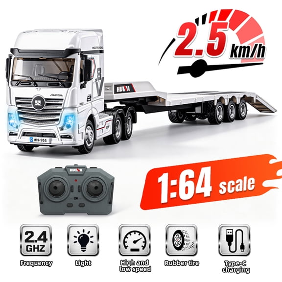 Remote Control Flatbed Truck 1:64 2.4G RC Container Transport Vehicle with Light,Sounds and 2 Speed Modes,Gifts for 8-14 Kids Teens,White