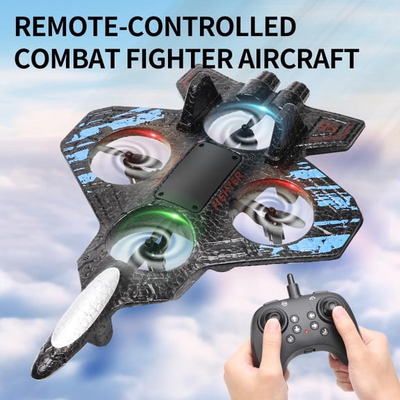 Remote Control Foam Airplane, Easy to Fly RC Jet Fighter Glider with LED Lights & 360 Stunt Spins, Outdoor Flying Toy Plane for Kids 12+ & Adults