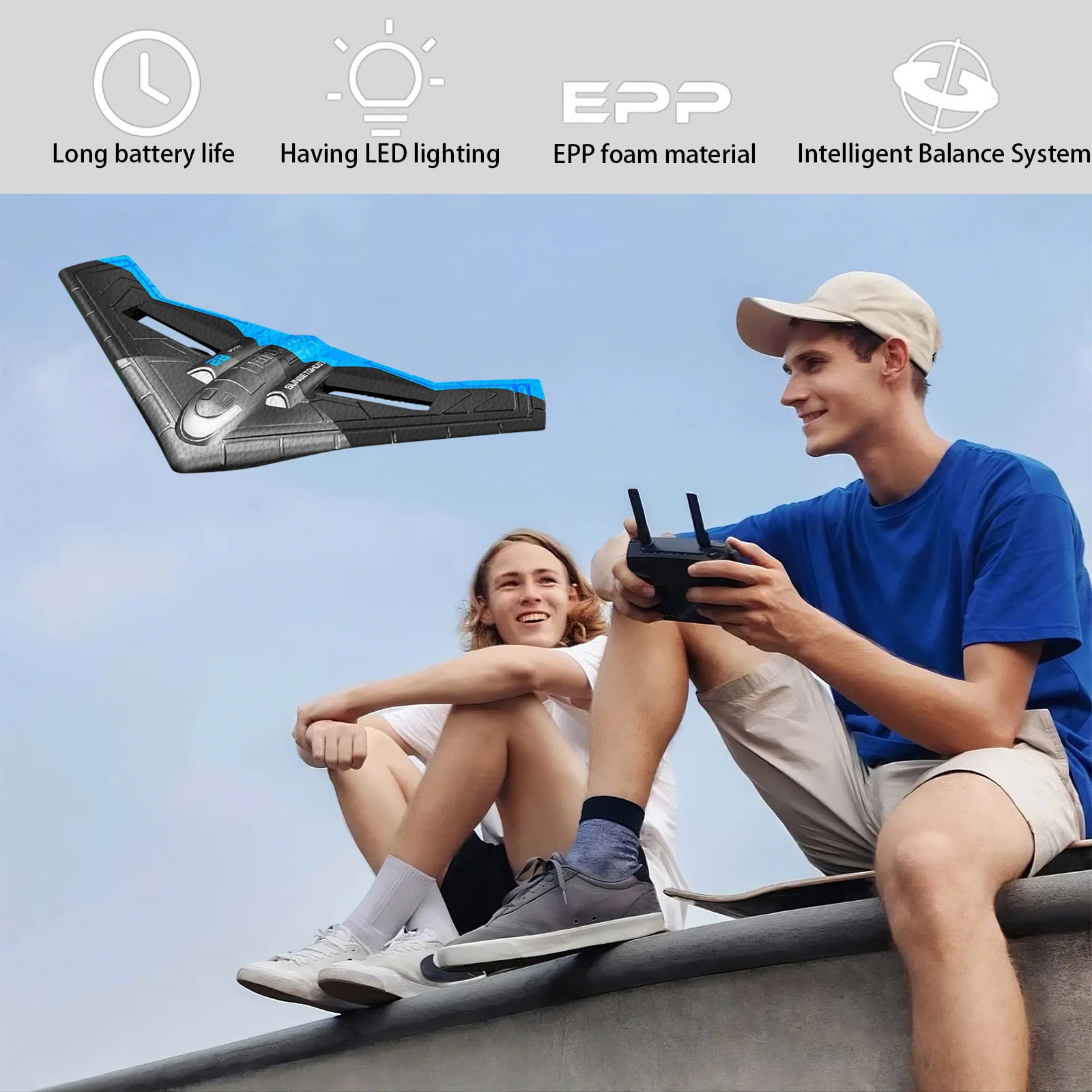 Remote Control Foam Glider Plane, RC Aircraft Toy with LED Light Stabilization, Anti-Fall Drone for Outdoor Flying - Blue (Battery Not Included)