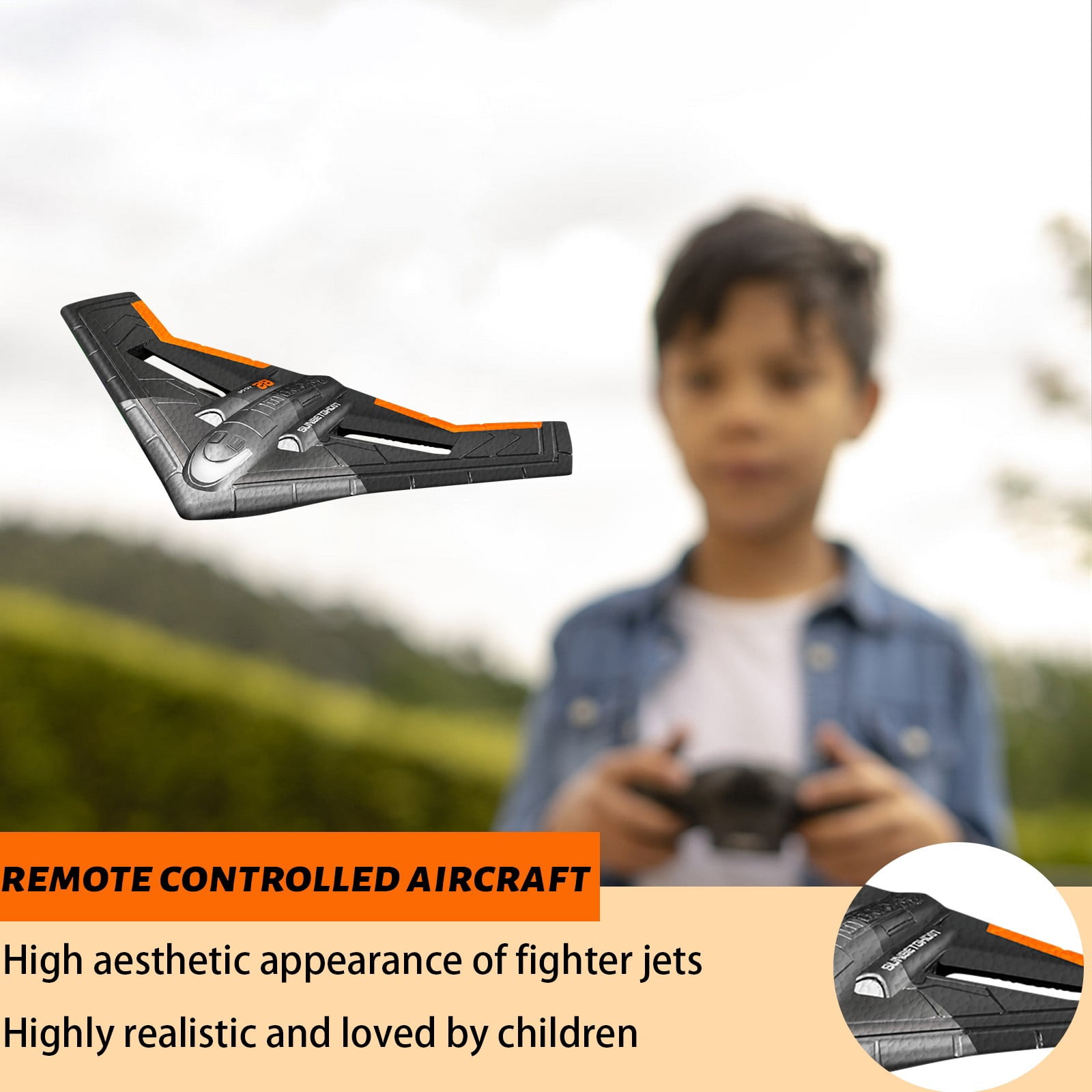 Remote Control Foam Glider Plane, RC Aircraft Toy with LED Light Stabilization, Anti-Fall Drone for Outdoor Flying - Orange (Battery Not Included)
