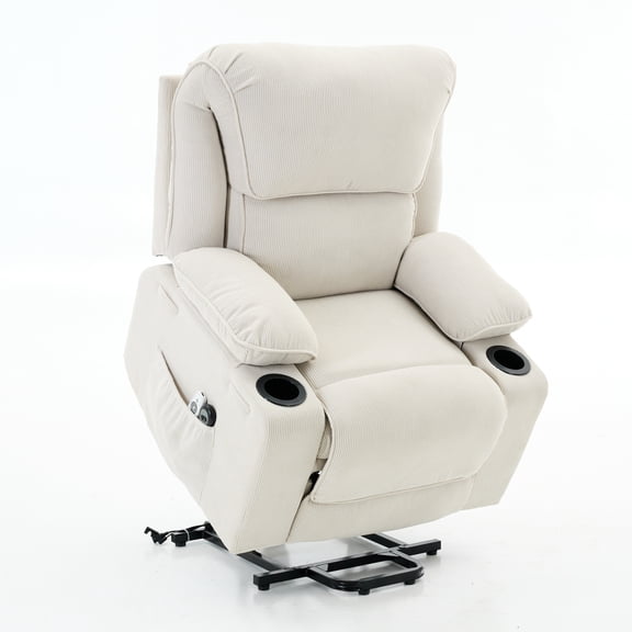 Remote Control Heated Massage Recliner Chair for Elderly, Power Lift Assist Recliner with Heating & Vibration Massage, Soft Corduroy Upholstery, Home Theater & Living Room Recliner, Ivory