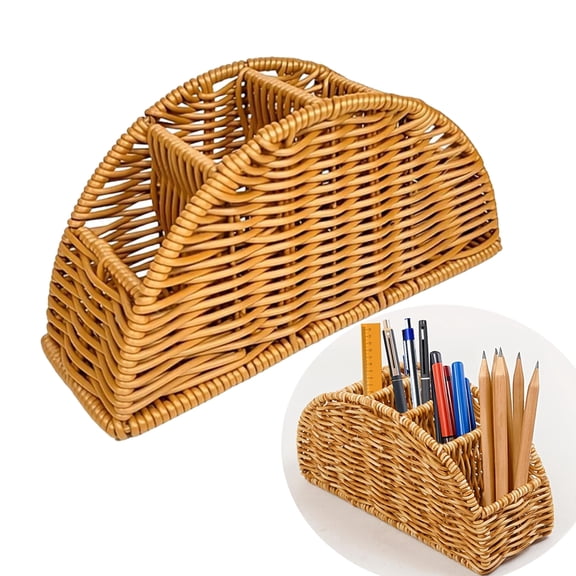 Remote Control Holder, 4-Compartment Imitation Rattan Desk Organizer, Boho Bedside Remote Box, for Living Room Bedroom Study Room Studio Desk