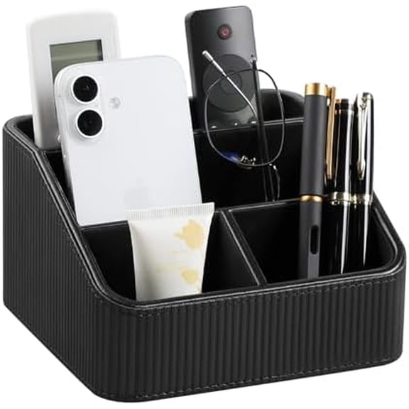 Remote Control Holder with 4 Compartments, PU Leather Small Nightstand Organizer for Home Desk Accessories Office Supplies, Multifunctional Stylish Small Bedside Desktop Organizers (Black)