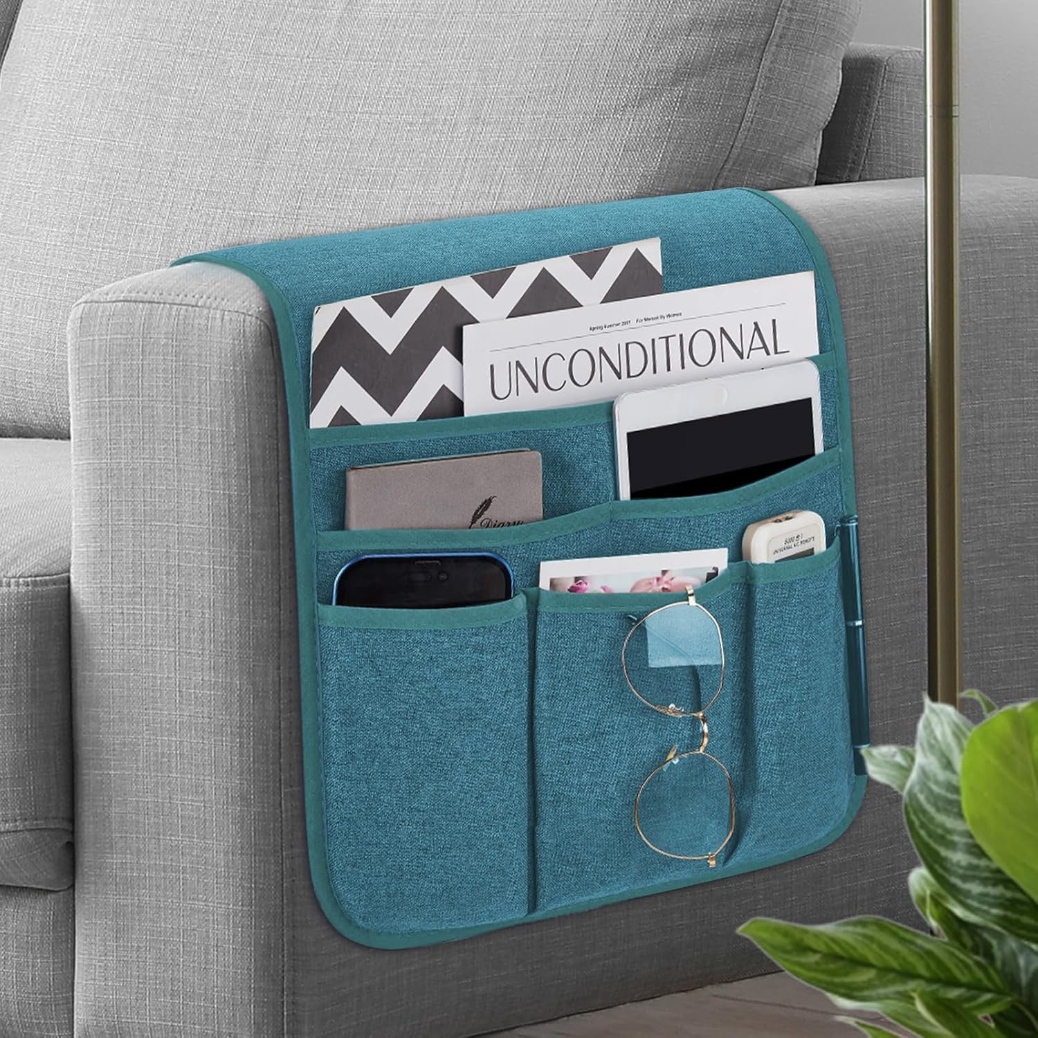 Remote Control Holder Armchair Caddy - Non-Slip Organizer With 5 Pockets For Phone, Tablet, Magazine (Teal)