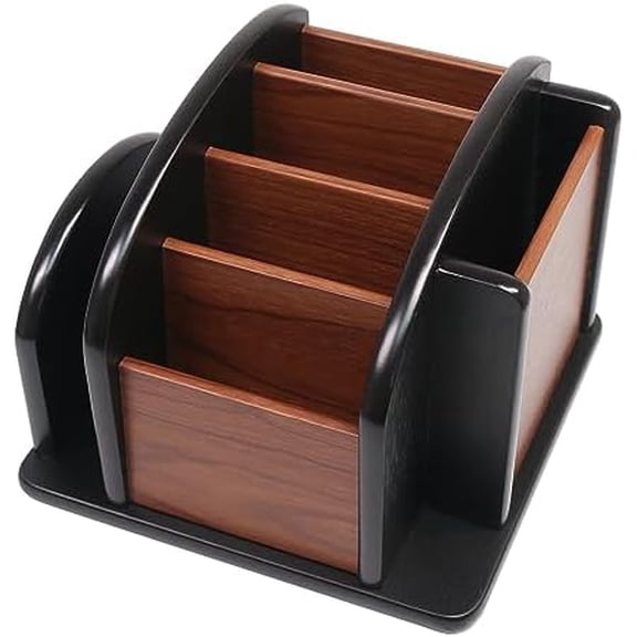 Remote Control Holder Caddy - Wooden Rotating Coffee Table Organizer Large Spinning Wood Remote Holder for Living Room Office (6 Compartments, Brown & Black)