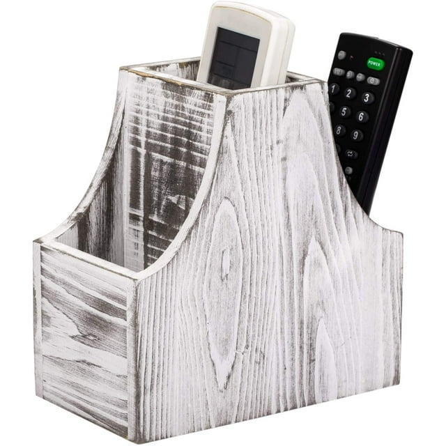 Remote Control Holder, Coffee Table Decor 3-Compartment Wooden Desktop Office Supply Storage Organizer, Rustic White