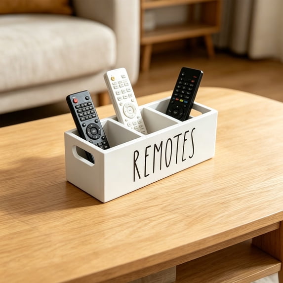 Remote Control Holder, Farmhouse Remote Storage Caddy, Bedside TV Controller Box, Rustic Wood Media Organizer Tray for Home Bedroom Table