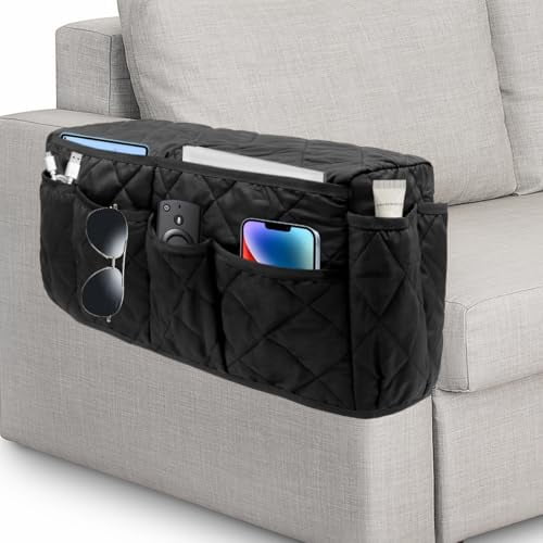 Remote Control Holder,Non Slip Bedside Armchair Caddy,Recliner Arm Caddy Armrest Organizer with 14 Pockets for Cell Phone TV Remote Control Magazines,Black
