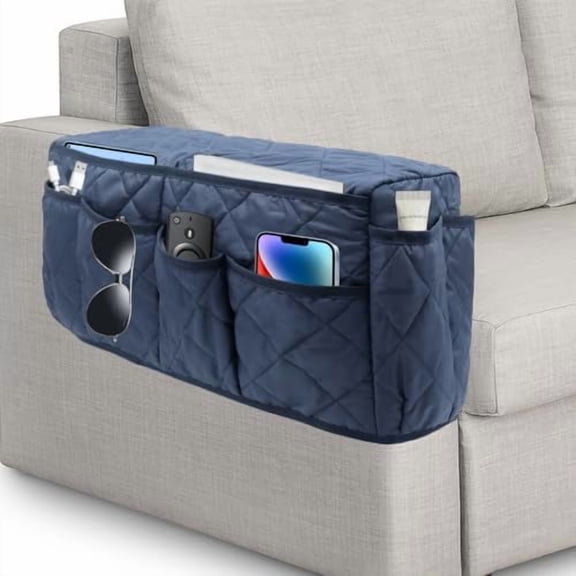 Remote Control Holder,Non Slip Bedside Armchair Caddy,Recliner Arm Caddy Armrest Organizer with 14 Pockets for Cell Phone TV Remote Control Magazines,Dark Blue