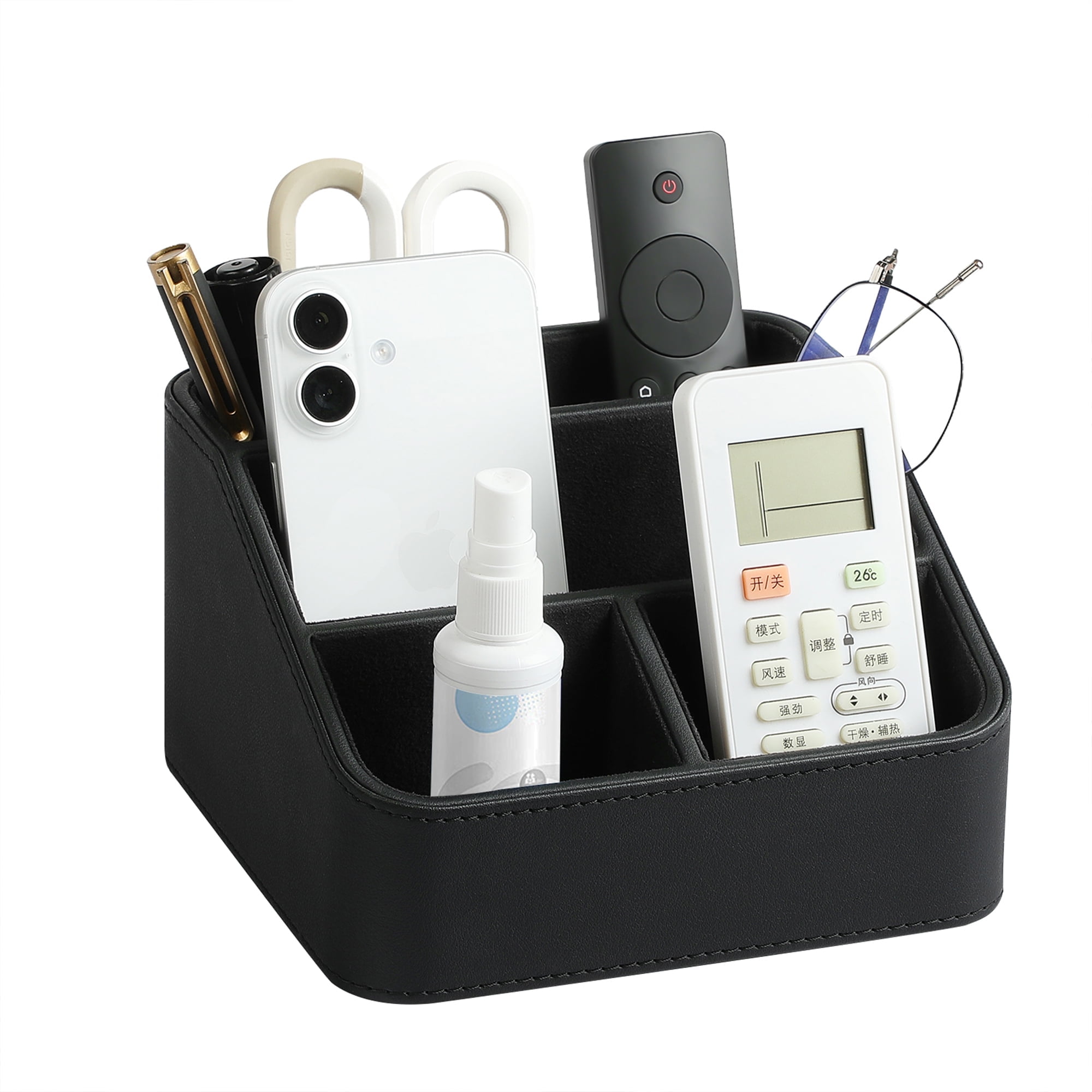 Remote Control Holder, PU Leather Small Desk Organizer Stylish Cute Desktop Organizer for Home Office Desk Accessories, Remote Caddy Bedside Nightstand Organizer for Women Men (Black)