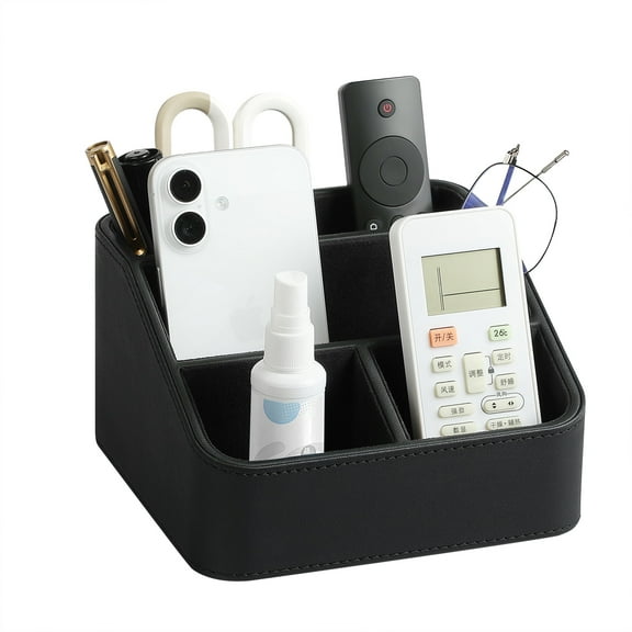 Remote Control Holder, PU Leather Small Desk Organizer Stylish Cute Desktop Organizer for Home Office Desk Accessories, Remote Caddy Bedside Nightstand Organizer for Women Men (Black)
