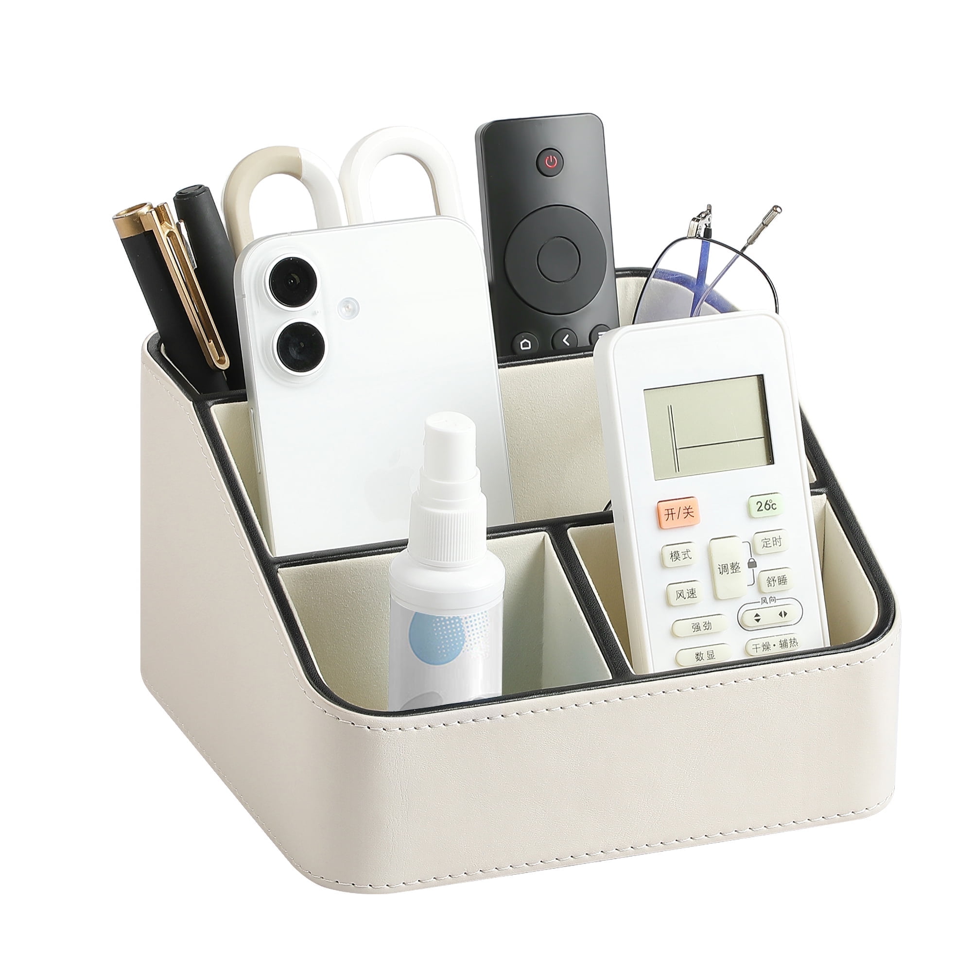 Remote Control Holder, PU Leather Small Desk Organizer Stylish Cute Desktop Organizer for Home Office Desk Accessories, Remote Caddy Bedside Nightstand Organizer for Women Men (Cream)