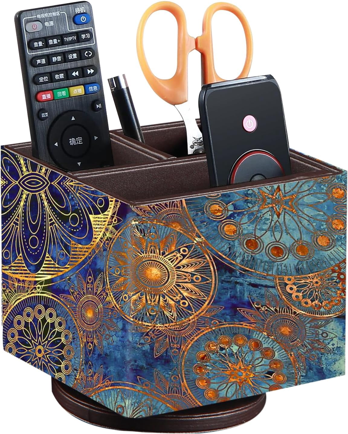 Remote Control Holder PU Leather TV Caddy for Table, 360 Swivel Pen Desk Organizers and Accessories, Nightstand Organizer Bedroom/ Office, Home Decorations Living Room