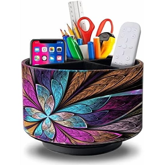 Remote Control Holder Round Leather Art Supply Organizer, PU Leather Pencil Stationery Desk Storage Makeup Organizer for Heater Controllers TV Remotes, 4 Compartments, 360 Degree Spinning