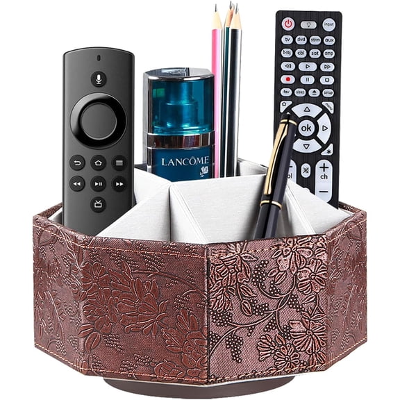 Remote Control Holder, Swivel 9 Rooms Desk Organizer and Decorations for Living Room, Leather Bedside Storage Caddy TV Controllers/ Makeup Brush Pen/ Office Stationery/ Art Supplies/ Eyeglasses