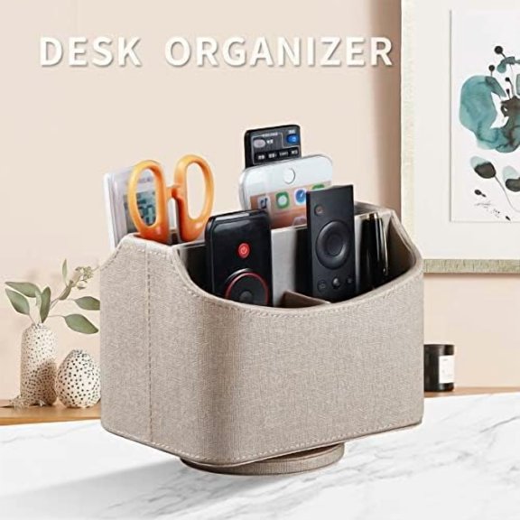 Remote Control Holder, Swivel Desk Organizer and Decorations for Living Room, Bedside Table Organizer Remotes Caddy for TV Controllers/ Stationery/ Art Supplies/ Pen, PU Leather Room Decor Aesthtic