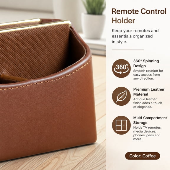 Remote Control Holder Swivel Desk Organizer PU Leather Bedside Table Caddy for TV Remotes and Stationery Home Office Decor