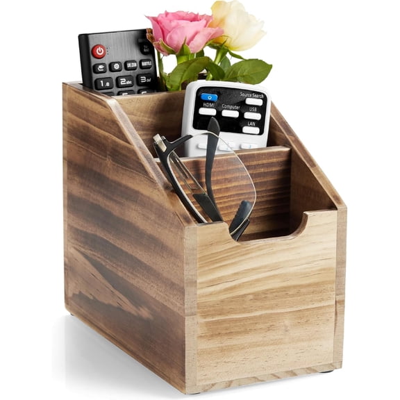Remote Control Holder, TV Remote Holder, Wood Farmhouse Remote Caddy for Table, Remote Organizer Caddy with 3 Slots, Remote Storage Box for Home Office, Burnt Wood