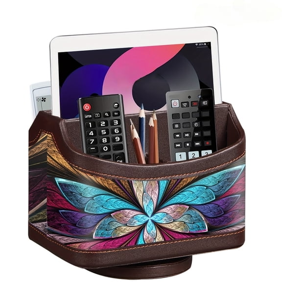 Remote Control Holder with 360° Swivel Base, 5-Compartment PU Leather Desk Organizer