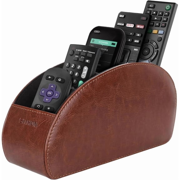 Remote Control Holder with 5 Compartments - PU Leather Remote Caddy Desktop Organizer Store TV, DVD, Blu-Ray, Media Player, Heater Controllers, Brown